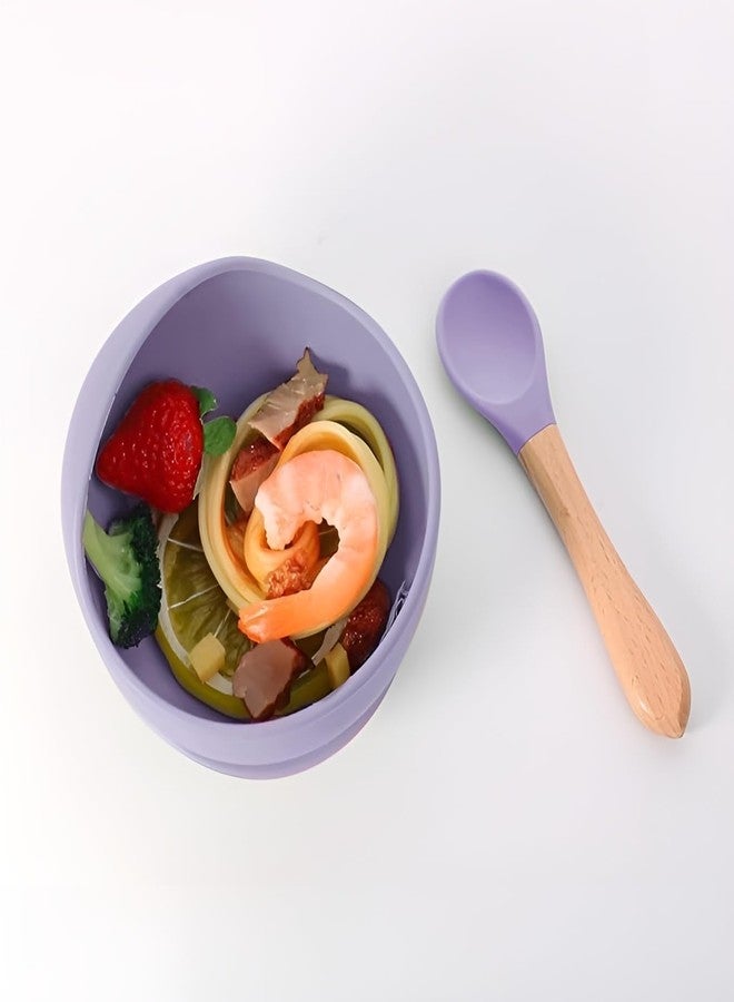 NOWFLY Silicone Suction Bowl & Wooden Handle Spoon | BPA-Free, Unbreakable, Microwave Safe | Baby Feeding Set for Toddlers | Non-Slip, Easy to Clean | 2 Piece Portable Mealtime Kit (Purple) - Image 3