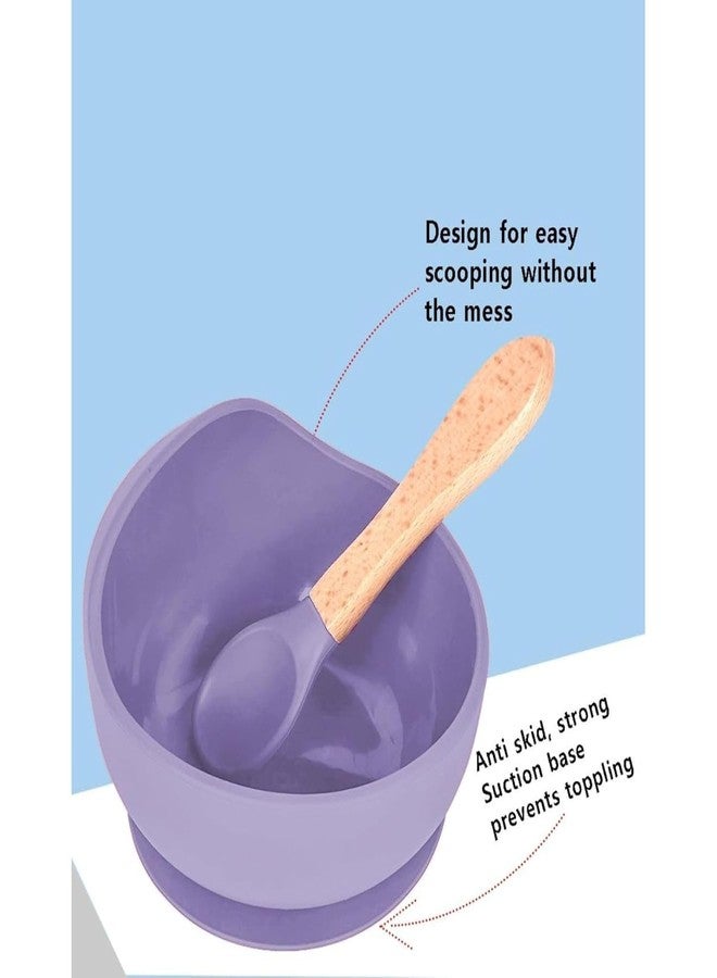 NOWFLY Silicone Suction Bowl & Wooden Handle Spoon | BPA-Free, Unbreakable, Microwave Safe | Baby Feeding Set for Toddlers | Non-Slip, Easy to Clean | 2 Piece Portable Mealtime Kit (Purple) - Image 4