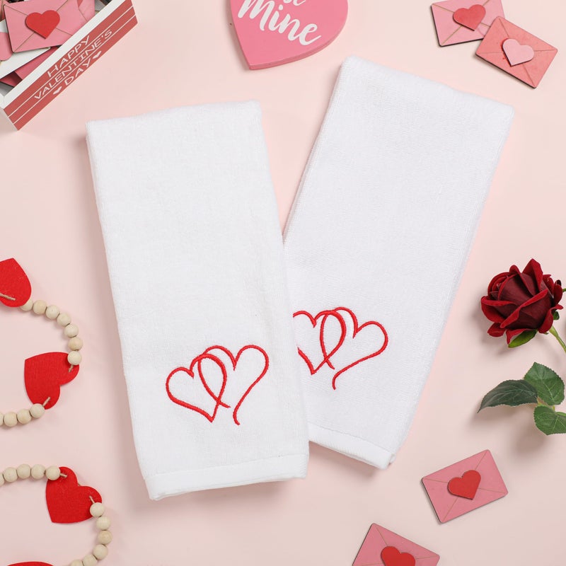 NEWLIGHTURE Valentines Day Hand Towels 100% Cotton Embroidered Red Heart Decorative Bathroom Kitchen Dish Towels Set Gift Set of 2 14x29 inch - Image 1