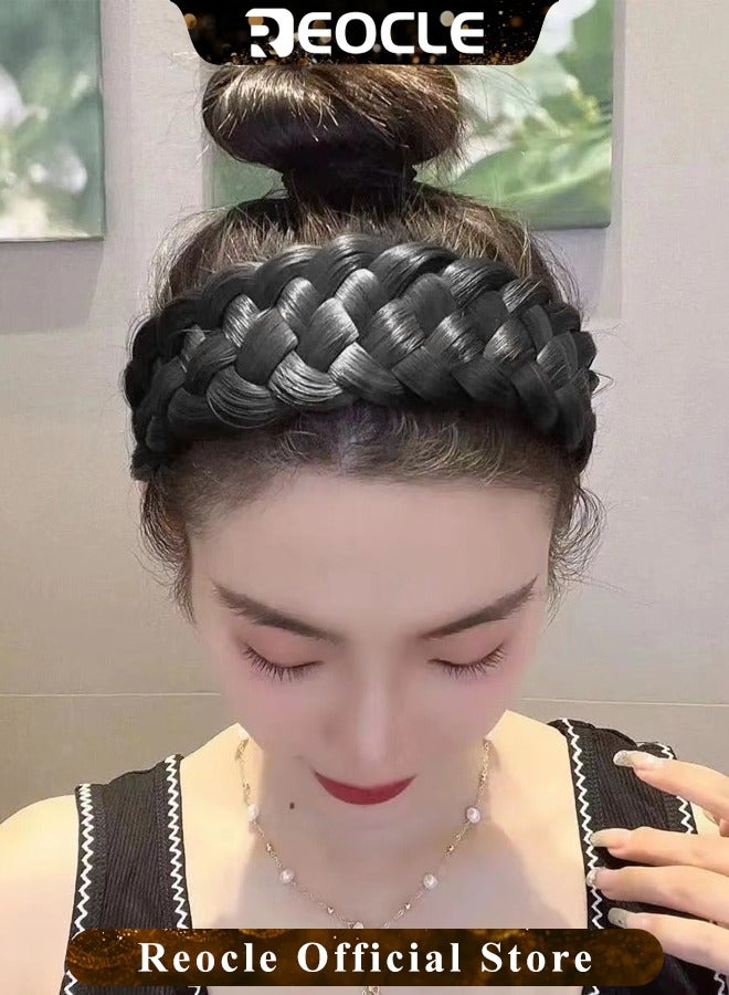 ريوكل عصابة رأس مضفرة من الشعر للنساء مصنوعة يدويًا من شعر مستعار مضفر رقيق غير مرئي وعصابات شعر بخمسة ضفائر وطوق شعر إكسسوارات شعر باللون الأسود الفاتح - Image 3
