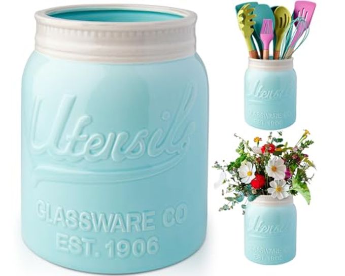 Comfify Wide Mouth Mason Jar Utensil Holder Decorative Kitchenware Organizer Crock, Dishwasher Safe - Kitchen Caddy Aqua Blue for Countertop, Large Size 7" Hight