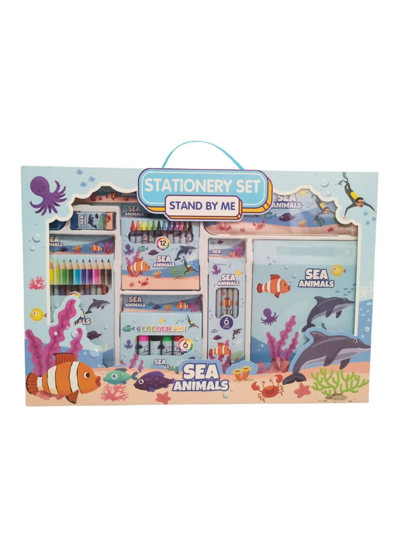 Home Smart Sea Animal Stationery set for toddlers 35Pcs Ultimate stationery set with Notebook, Pencil box, Ruler, Sharpener, Eraser, Color pencils, Color pens and Crayons perfect for gift.