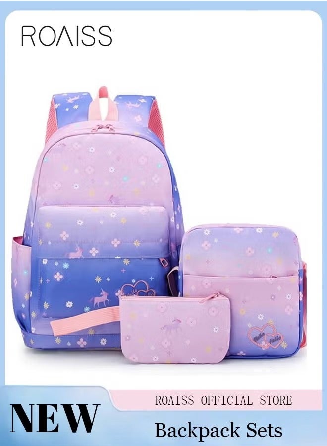 roaiss 3PCS Graphic Printed Backpack Set Cute and Functional Large Capacity Schoolbag Crossbody Bag and Pencil Case for Kids and Girls in Dark Purple and Pink - Image 1
