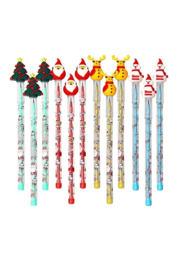 Christmas Stackable Multi-Point Pencils Set with Santa Claus, Reindeer, and Christmas Tree Toppers (12 Pieces) – Perfect Holiday Gifts, School and Office Supplies - Image 1