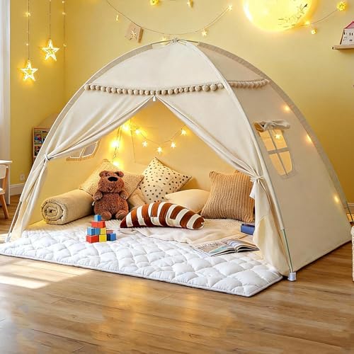jiangcha Bed Tent Twin Size for Girls & Boys - Indoor Privacy Toddler Sleeping Teepee with Blackout Design, Breathable Portable Twin Bed Tent for Drafty Rooms, Cottage Floor Camping (Twin Beige) - Image 1