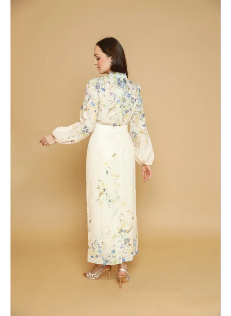 2Trendy Women's Floral Print Long Sleeve Blouse - Beige