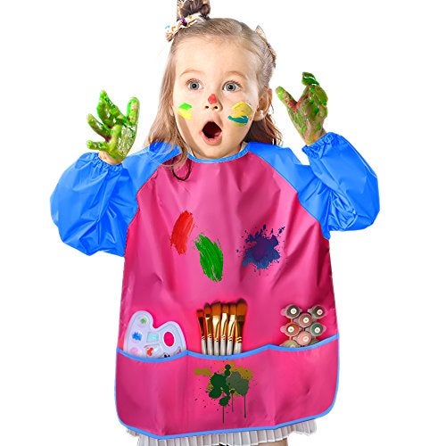 KUUQA 6 Pcs Waterproof Art Smock Kids Art Painting Aprons Long Sleeve with 3 Roomy Pockets and 10 Pcs Painting Brushes, Age 2-6 Years - Image 5