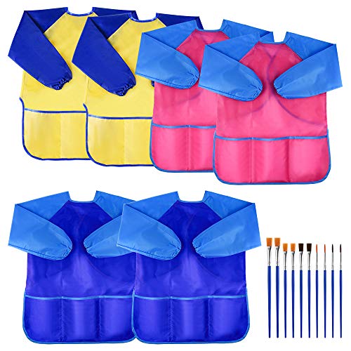 KUUQA 6 Pcs Waterproof Art Smock Kids Art Painting Aprons Long Sleeve with 3 Roomy Pockets and 10 Pcs Painting Brushes, Age 2-6 Years - Image 1
