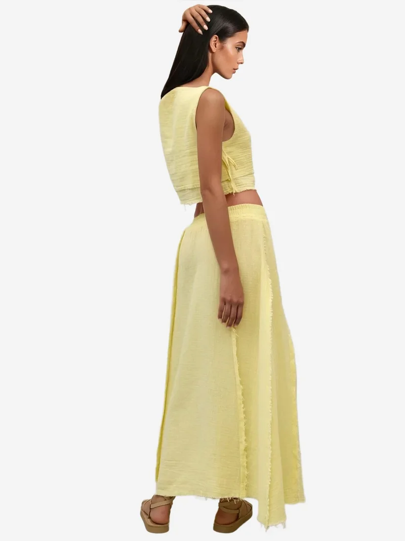 HICCUP Lemon Yellow Elastic Waist Skirt-Side Tie Detail Blouse Muslin Set for Women | Best Price UAE