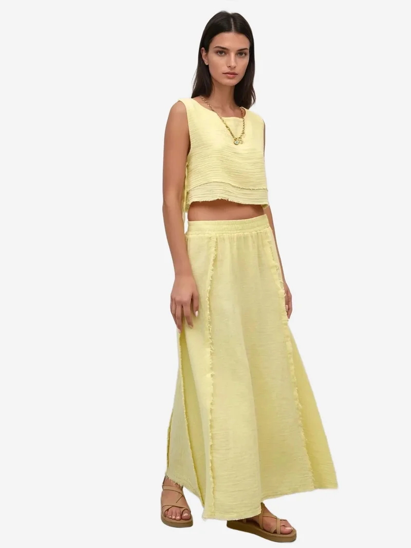 HICCUP Lemon Yellow Elastic Waist Skirt-Side Tie Detail Blouse Muslin Set for Women | Best Price UAE