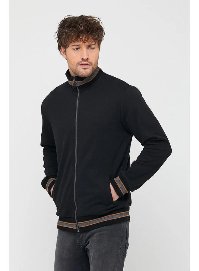 Mmetalic  Men's Black Regular Fit Stand Collar Zip-Up Long Sleeve Cardigan for Men | Best Price UAE