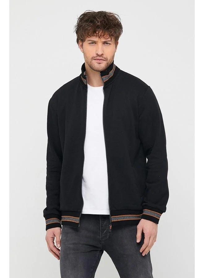 Men's Black Regular Fit Stand Collar Zip-Up Long Sleeve Cardigan