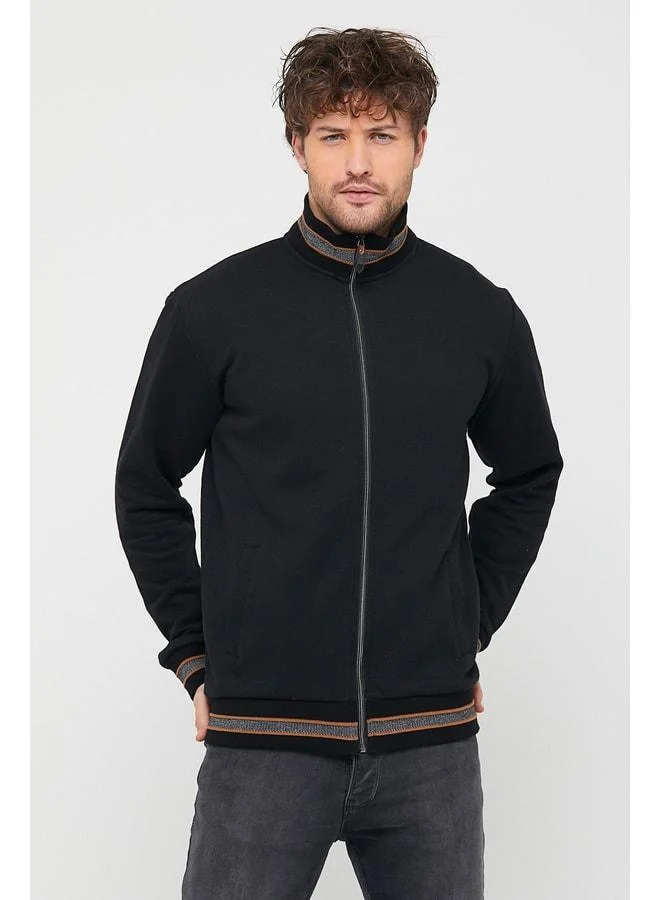 Mmetalic  Men's Black Regular Fit Stand Collar Zip-Up Long Sleeve Cardigan for Men | Best Price UAE