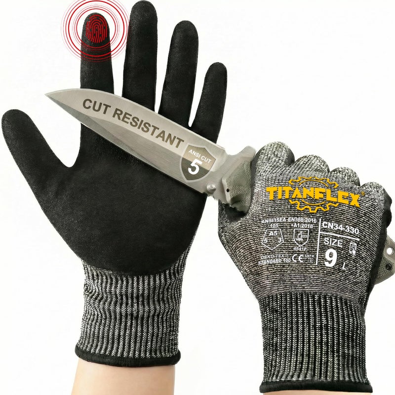 TitanFlex Cut Resistant Gloves ANSI A5, Work Gloves with Sandy Nitrile Grip, 3D Comfort Fit, Breathable, Touchscreen Compatible, Machine Washable, Non-Slip, Durable,Black,1 Pair (L) - Image 1