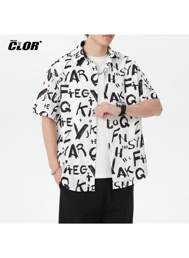 Clor American Style Ice Silk Men's Spring And Autumn Printed Short Sleeve Shirt Loose Fit Five-sleeve Clcx12 Cool Letter 4XL - Image 3