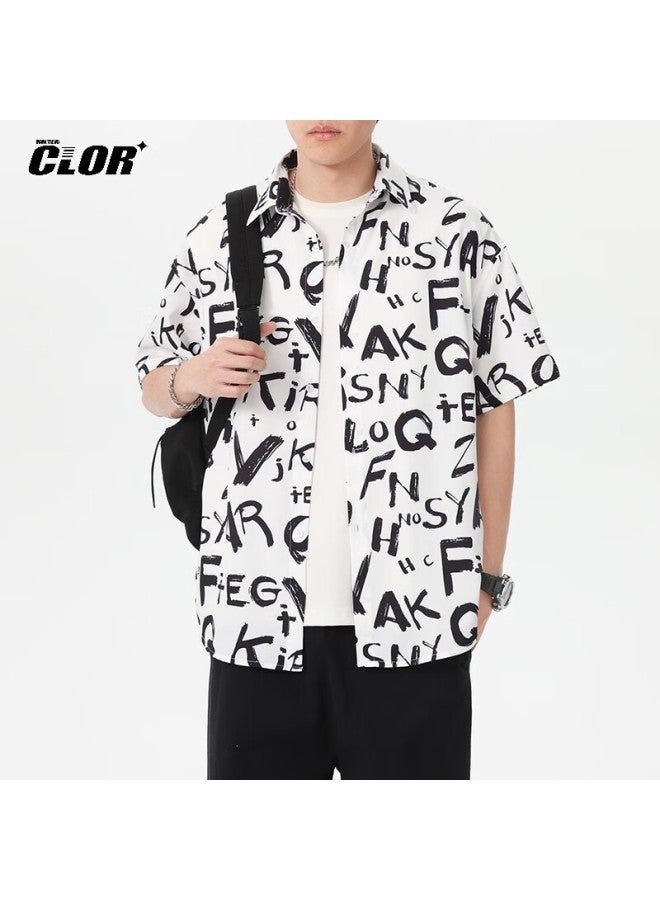 Clor American Style Ice Silk Men's Spring And Autumn Printed Short Sleeve Shirt Loose Fit Five-sleeve Clcx12 Cool Letter 4XL - Image 4