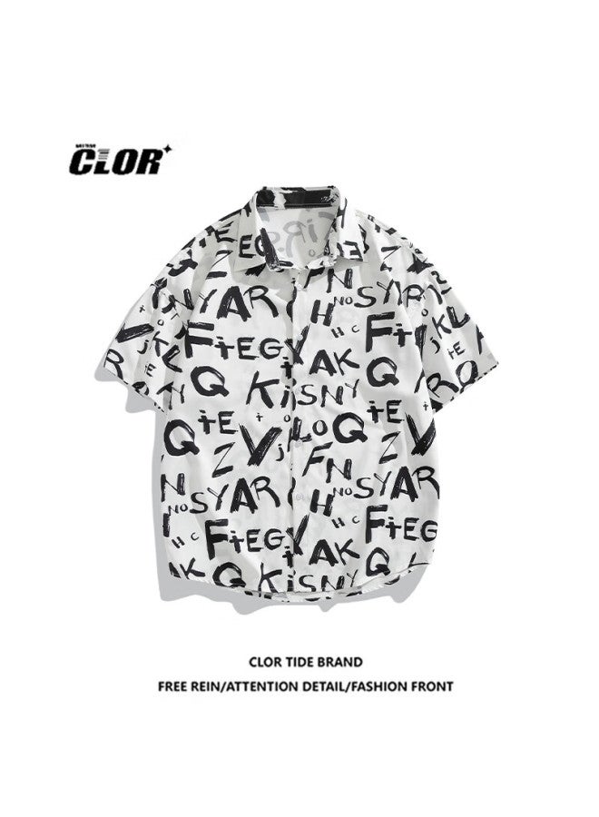 Clor American Style Ice Silk Men's Spring And Autumn Printed Short Sleeve Shirt Loose Fit Five-sleeve Clcx12 Cool Letter 4XL - Image 1