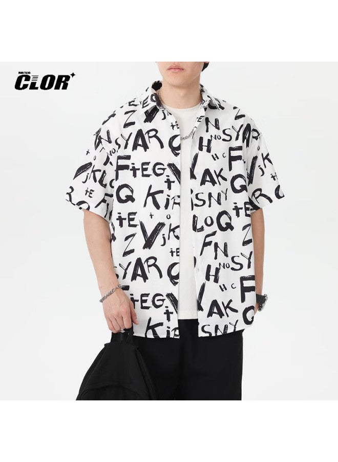 Clor American Style Ice Silk Men's Spring And Autumn Printed Short Sleeve Shirt Loose Fit Five-sleeve Clcx12 Cool Letter 4XL - Image 5
