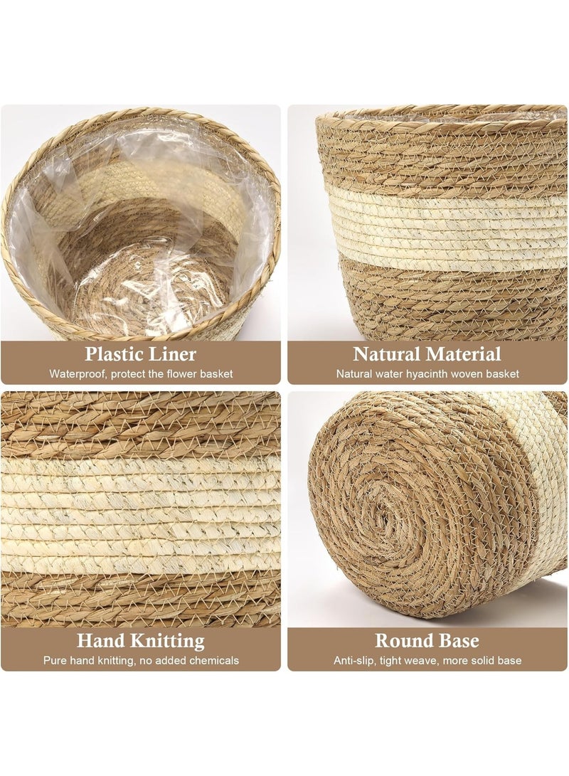 بيت إيزي سلة نباتات، 3 قطع من سلال النباتات الداخلية مع بطانة بلاستيكية، سلة زهور منسوجة من نبات الياسنت المائي وساق الذرة، سلة زراعة للمنزل الريفي، ديكور أصيص أرضي - Image 4