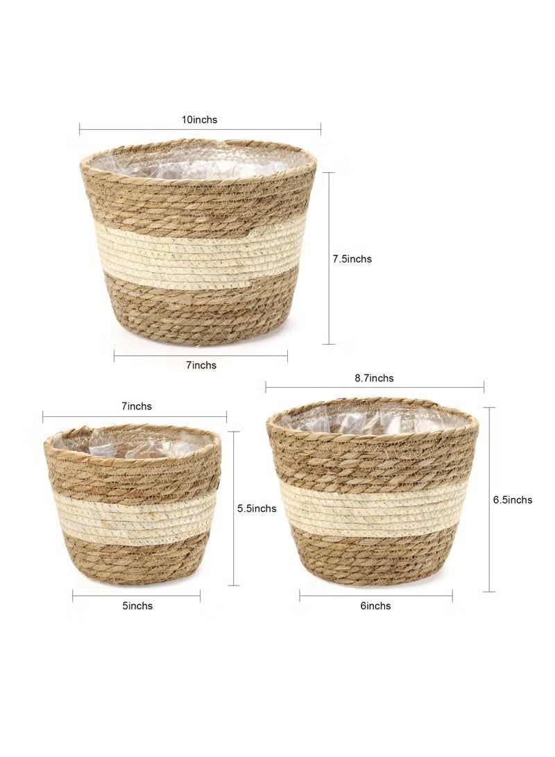 بيت إيزي سلة نباتات، 3 قطع من سلال النباتات الداخلية مع بطانة بلاستيكية، سلة زهور منسوجة من نبات الياسنت المائي وساق الذرة، سلة زراعة للمنزل الريفي، ديكور أصيص أرضي - Image 5