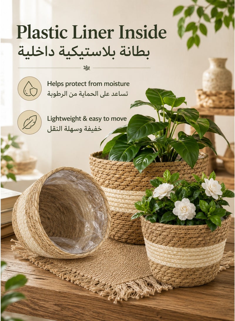 بيت إيزي سلة نباتات، 3 قطع من سلال النباتات الداخلية مع بطانة بلاستيكية، سلة زهور منسوجة من نبات الياسنت المائي وساق الذرة، سلة زراعة للمنزل الريفي، ديكور أصيص أرضي - Image 5