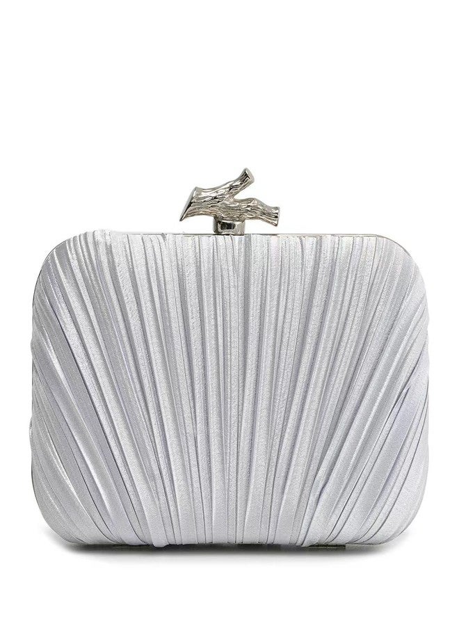 PHILOMENA Elegant Silk Pleated Evening Clutch Purse for Women with Chain for Crossbody Evening Bag Wedding Bridal Clutch (Silver) - Image 1