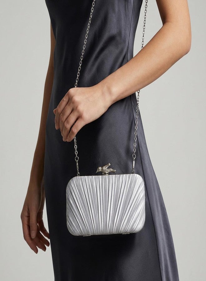 PHILOMENA Elegant Silk Pleated Evening Clutch Purse for Women with Chain for Crossbody Evening Bag Wedding Bridal Clutch (Silver) - Image 3