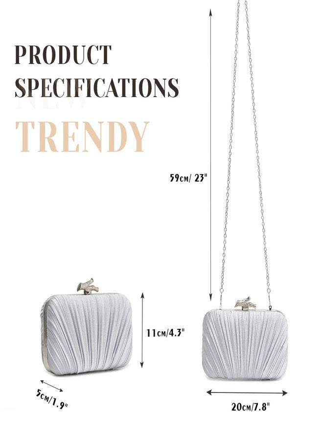 PHILOMENA Elegant Silk Pleated Evening Clutch Purse for Women with Chain for Crossbody Evening Bag Wedding Bridal Clutch (Silver) - Image 5