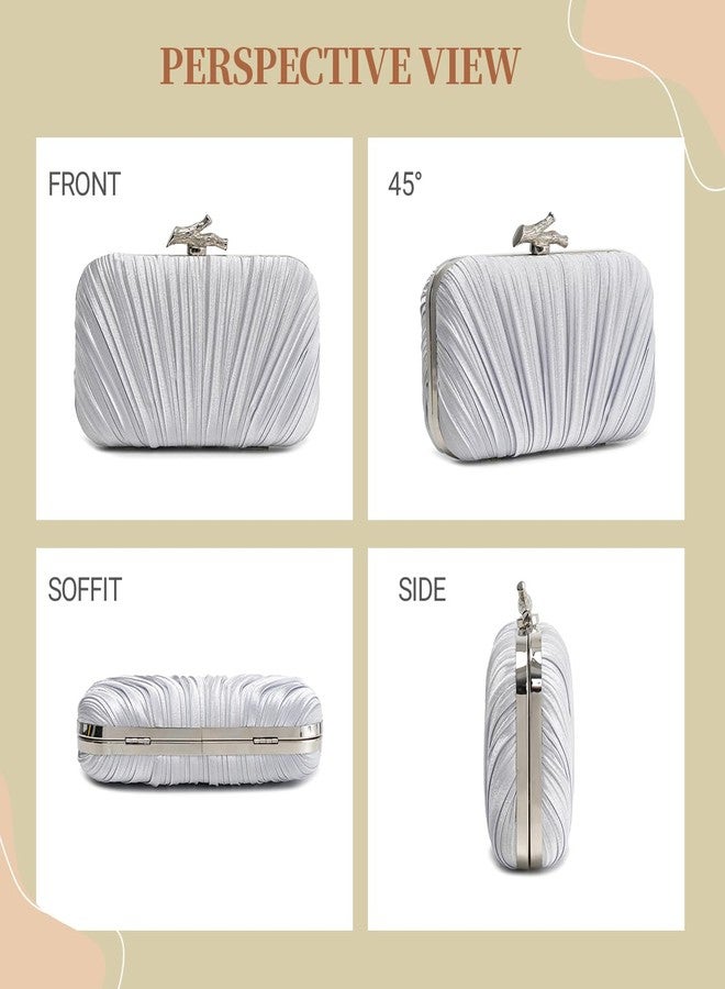 PHILOMENA Elegant Silk Pleated Evening Clutch Purse for Women with Chain for Crossbody Evening Bag Wedding Bridal Clutch (Silver) - Image 4