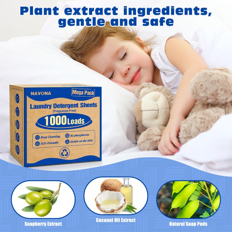 Navona 1000 Loads Mega Pack Laundry Detergent Sheets, Eco-friendly Laundry Sheets, Powerful Cleaning, Suitable for Homes, Dorms, and Apartments- [Fragrance-Free] - Image 4