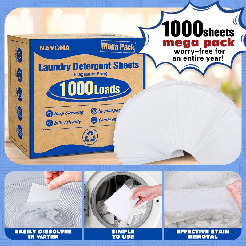 Navona 1000 Loads Mega Pack Laundry Detergent Sheets, Eco-friendly Laundry Sheets, Powerful Cleaning, Suitable for Homes, Dorms, and Apartments- [Fragrance-Free] - Image 2