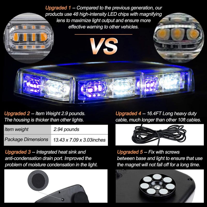 ASPL 48LED Roof Top Strobe Lights, High Visibility Emergency Safety Warning LED Mini Strobe Light bar with Magnetic Base for 12-24V Snow Plow, Trucks, Construction Vehicles (Blue/White) - Image 2