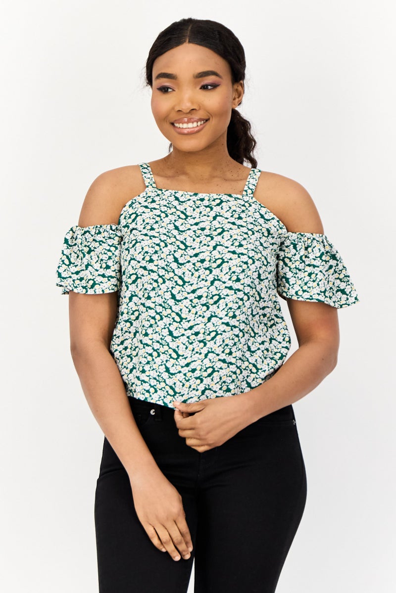 ONLY Women Square Neck Cap Sleeve Allover Print Top, Multicolor  - Image 1