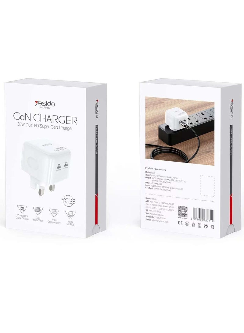 يسيدو YESIDO GAN CHARGER USB C Plug 35W Dual USB C شاحن سريع قابس محول الطاقة - Image 1