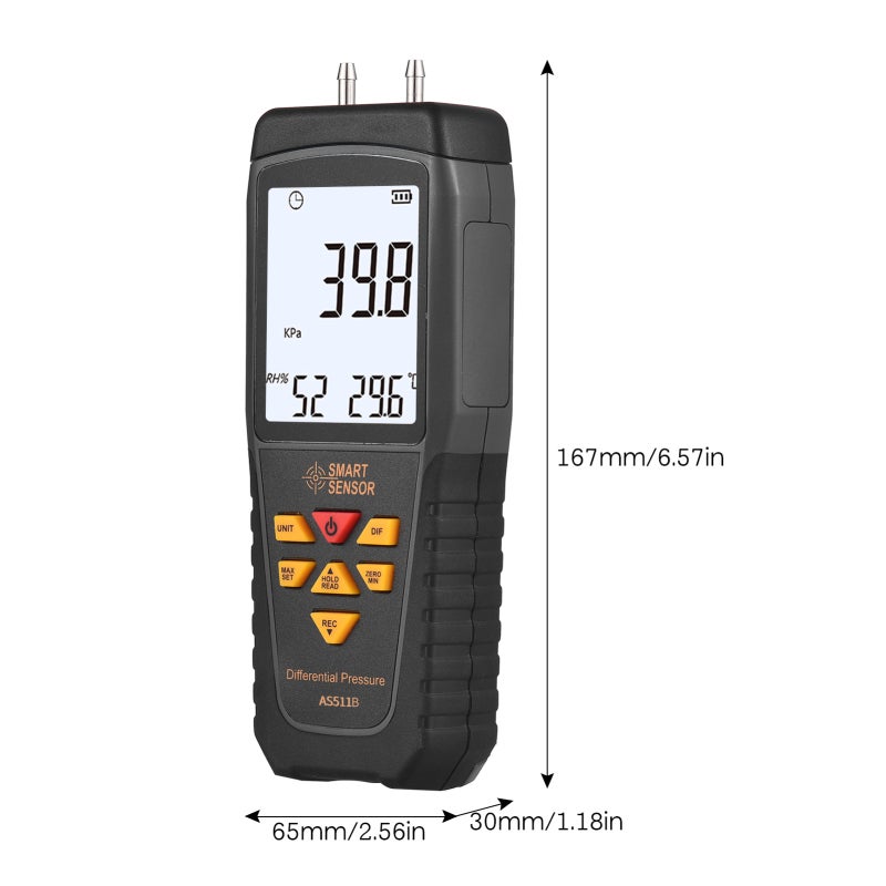Manometer: 2.7-Inch Backlit LCD Screen, +/-0.1% Accuracy - 12 Measuring Units, Differential Pressure Meter for HVAC, Pipeline Wind Velocity & Pressure Measurement - Image 2