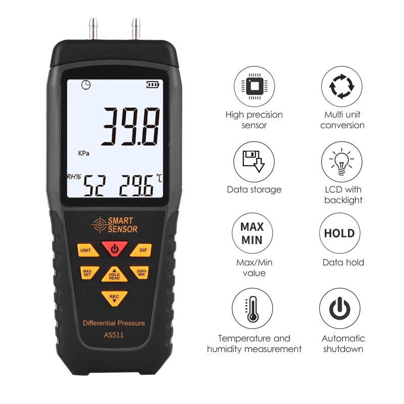 Manometer: 2.7-Inch Backlit LCD Screen, +/-0.1% Accuracy - 12 Measuring Units, Differential Pressure Meter for HVAC, Pipeline Wind Velocity & Pressure Measurement - Image 3