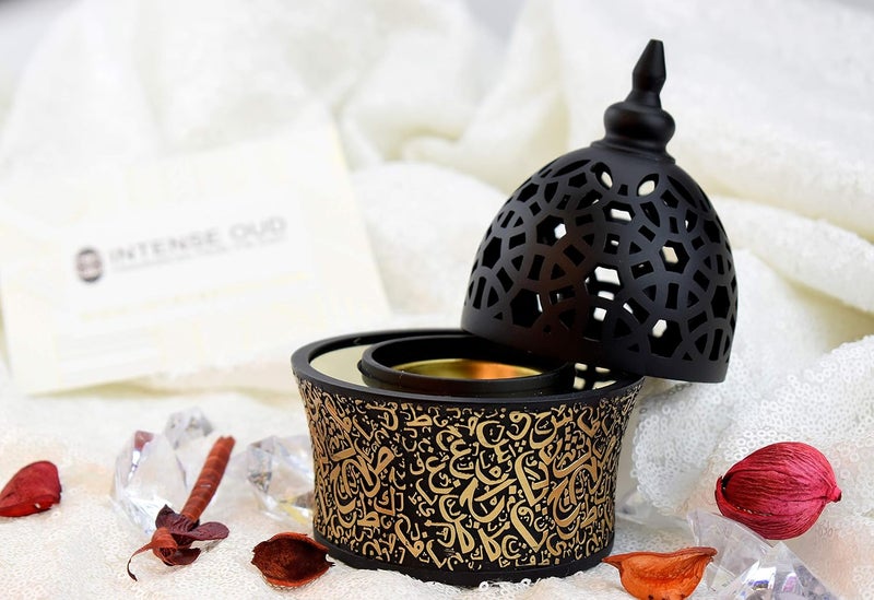 INTENSE OUD Moisture wear upgraded quality Calligraphy Style Closed Incense Burner (Mabkhara) Metal Tray Inside 8in Tall - Black Bulk storage easy optimized build - Image 4