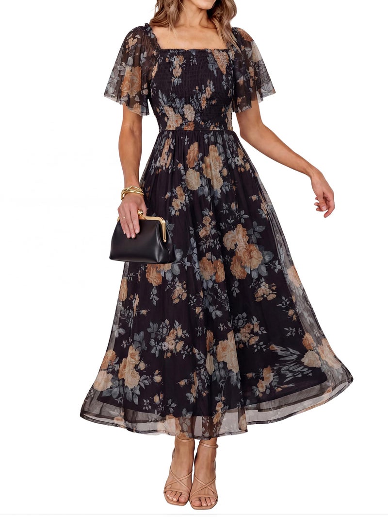 Simplee Womens Floral Maxi Dresses 2026 Summer Square Neck Flutter Short Sleeve Smocked Mesh Flowy Wedding Boho Dress - Image 1