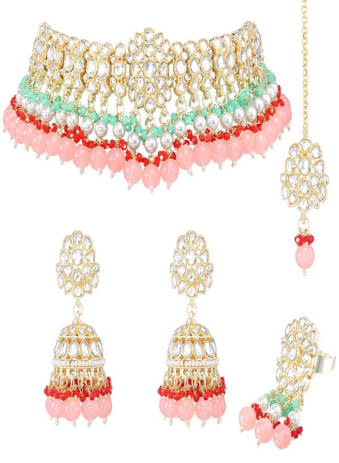 Aheli Kundan & Beads Studded Ethnic Choker Necklace Jhumka Earrings Maangtikka & Ring Bharatanatyam jewellery set Traditional Jewellery Gift for Women - Image 4