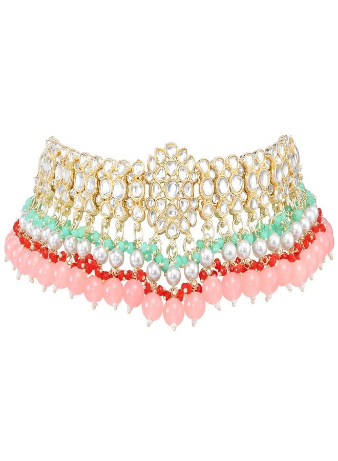 Aheli Kundan & Beads Studded Ethnic Choker Necklace Jhumka Earrings Maangtikka & Ring Bharatanatyam jewellery set Traditional Jewellery Gift for Women - Image 5