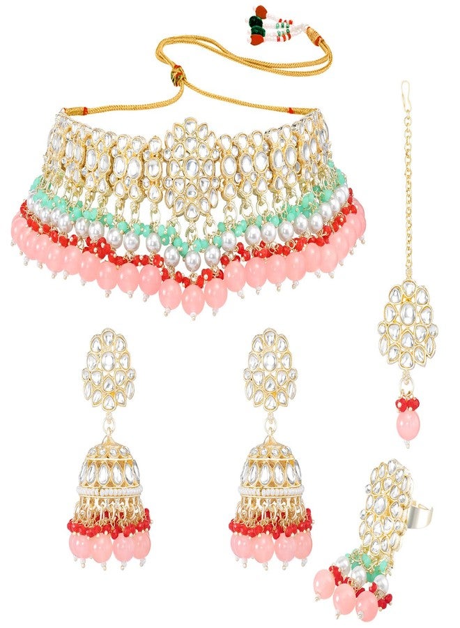 Aheli Kundan & Beads Studded Ethnic Choker Necklace Jhumka Earrings Maangtikka & Ring Bharatanatyam jewellery set Traditional Jewellery Gift for Women - Image 1
