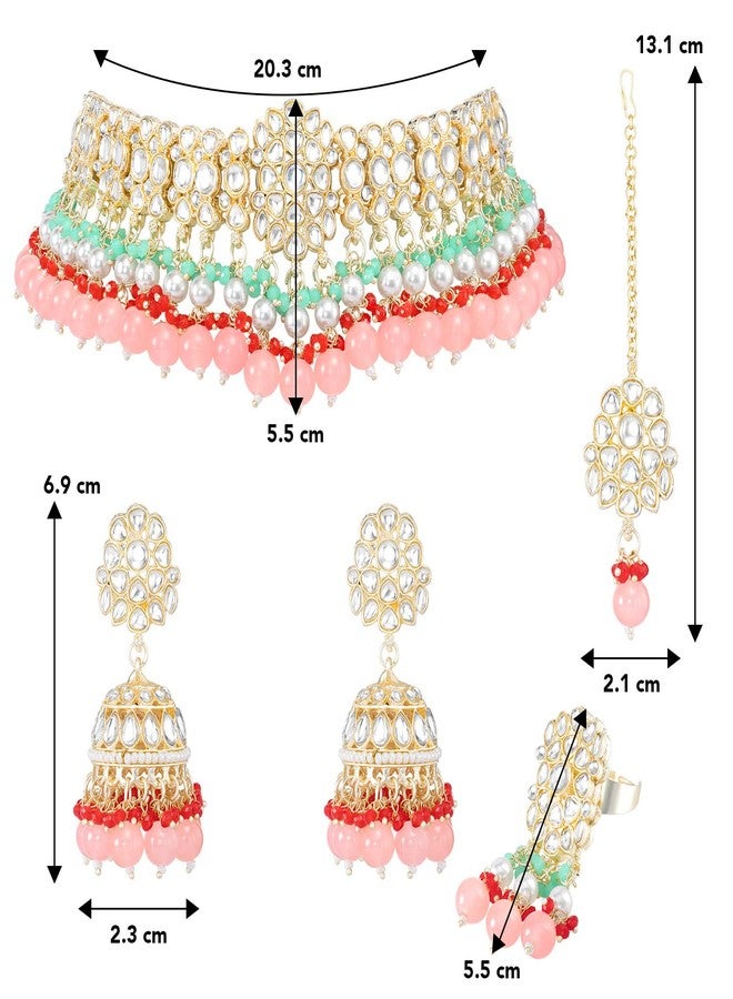 Aheli Kundan & Beads Studded Ethnic Choker Necklace Jhumka Earrings Maangtikka & Ring Bharatanatyam jewellery set Traditional Jewellery Gift for Women - Image 3