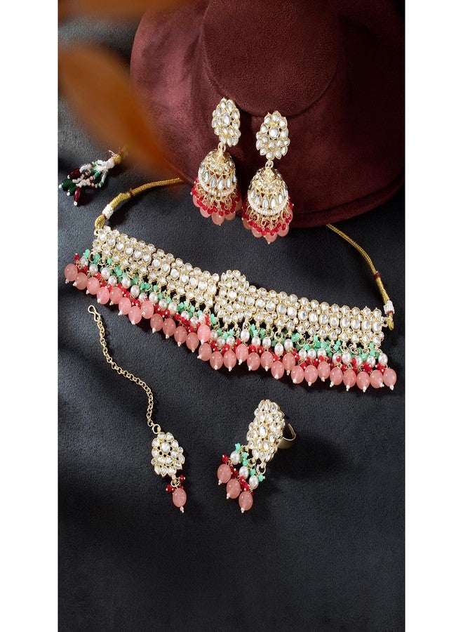 Aheli Kundan & Beads Studded Ethnic Choker Necklace Jhumka Earrings Maangtikka & Ring Bharatanatyam jewellery set Traditional Jewellery Gift for Women - Image 2