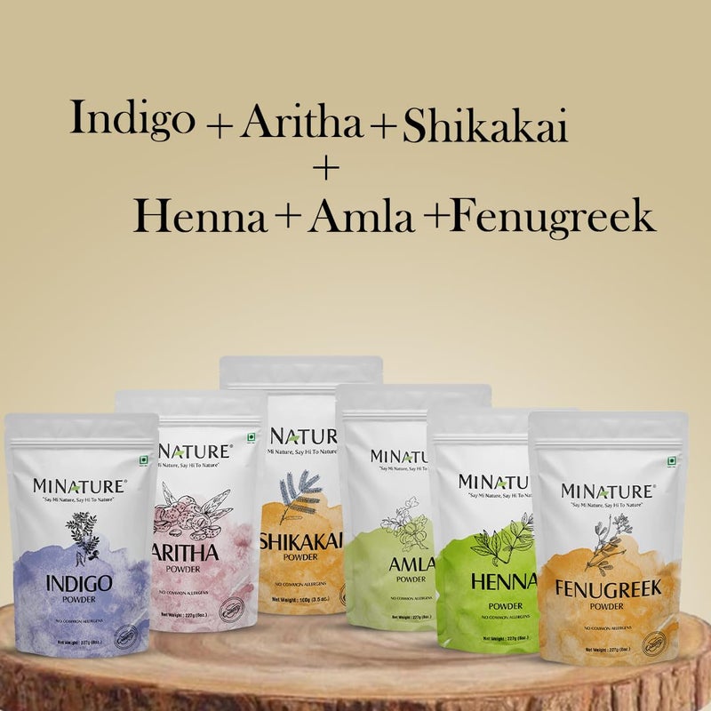 minature عبوة مصغرة من 6 مسحوق حناء عضوي، حلبة، شيكاكاي، أملّا، أريثا، مسحوق إنديغو، طبيعي 100% وخالي من المواد الكيميائية، قناع للشعر لنمو الشعر، الترطيب، لون لامع، للجنسين 227غ 6 - Image 2