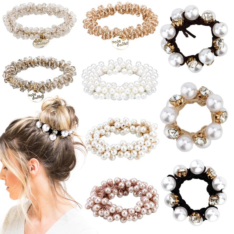 Ahoney 9Pcs Pearl Hair Ties Elastic Hair Scrunchies Hold Crystal Beads Bulk Hair Ropes Stretchy Handmade Boho Hair Accessories for Women Girls PearlCrystal