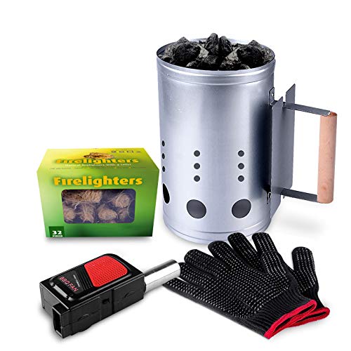 homenote Rapid Charcoal Chimney Starter Set Fireplace Accessories Lighter Cubes BBQ Heat Resistant Gloves Blower BBQ Tools（11.5" x 7" x 7"） - Image 1