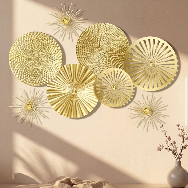 Lingvee 8 Pcs Gold Wall Decor Modern Metal Decor Metal Starbursts Radial Plate Art Hanging Decorative Wall Decorations for Home Bedroom Bathroom Living Room Office Sculpture(Gold) - Image 2