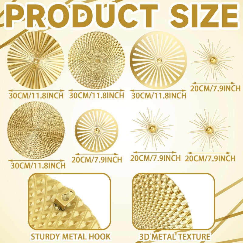 Lingvee 8 Pcs Gold Wall Decor Modern Metal Decor Metal Starbursts Radial Plate Art Hanging Decorative Wall Decorations for Home Bedroom Bathroom Living Room Office Sculpture(Gold) - Image 3