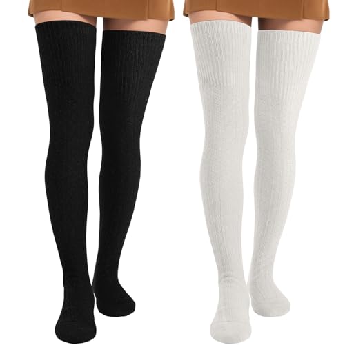 Pleneal Thigh High Socks - 2 Pairs Women's Thigh High Over Knee Socks Leg Warmers, Black & White - Image 1