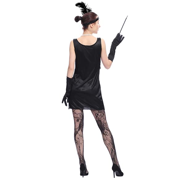 Leadtex Women's 1920s Fringed Flapper Dresses Costume Dress with Feather Headband,Beaded Necklace Black 6-8 - Image 4